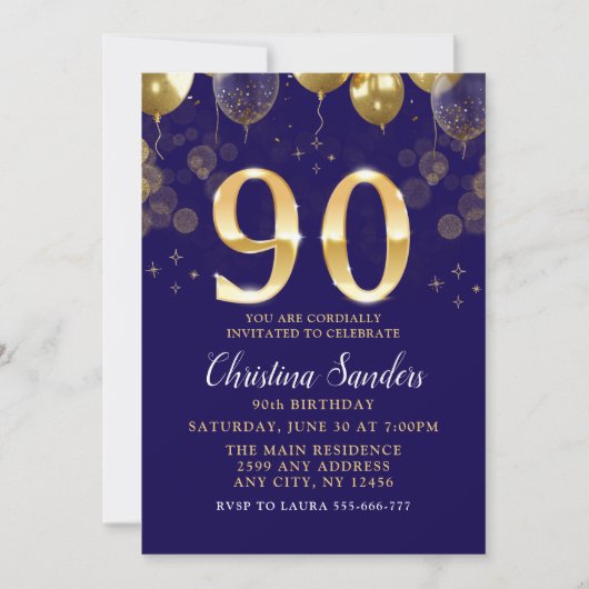Elegant 90th Birthday Invitation with Gold Glitter 招待状 (正面)