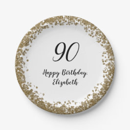 Elegant 90th Birthday Plates With Gold Sequins ペーパープレート