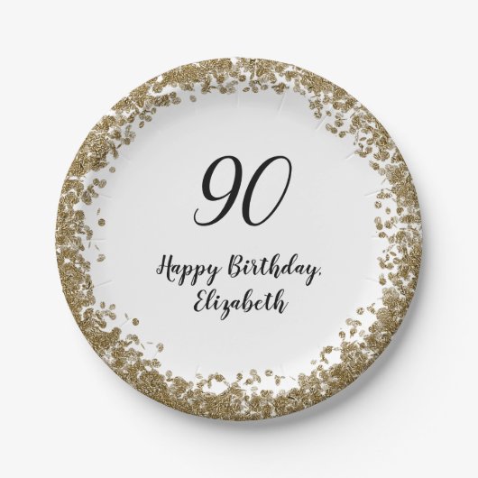 Elegant 90th Birthday Plates With Gold Sequins ペーパープレート (正面)