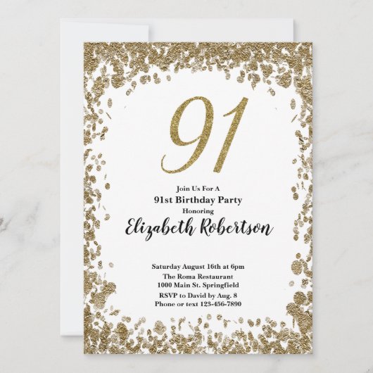 Elegant 91st Birthday Invitation For Her in Gold 招待状 (正面)