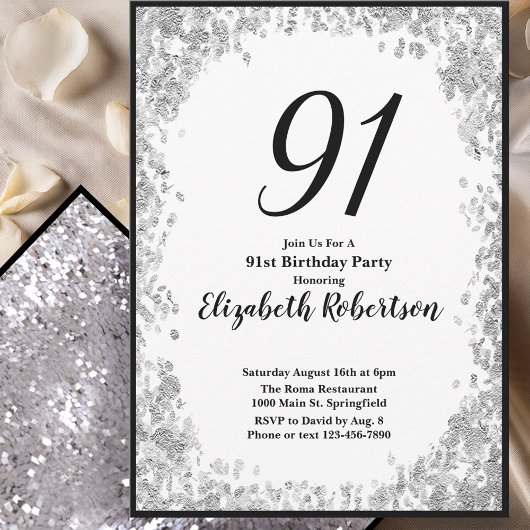 Elegant 91st Birthday Invitation For Her in Silver 招待状