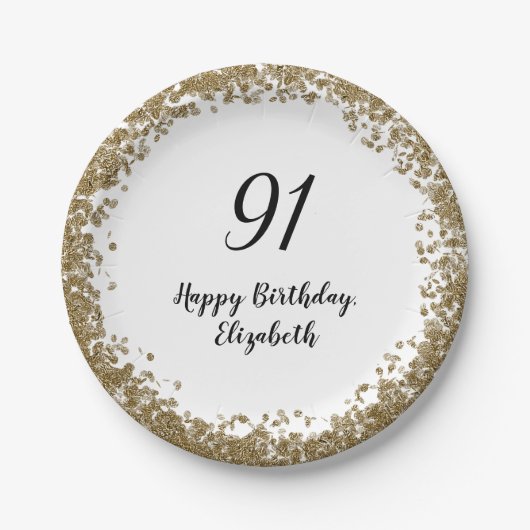 Elegant 91st Birthday Plates With Gold Sequins ペーパープレート (正面)