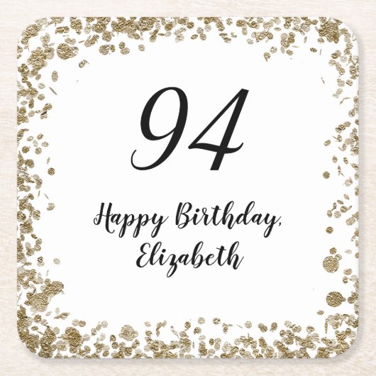 Elegant 94th Birthday Coasters With Gold Sequins スクエアペーパーコースター (正面)