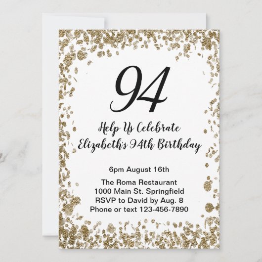 Elegant 94th Birthday Invitation Black and Gold  招待状 (正面)