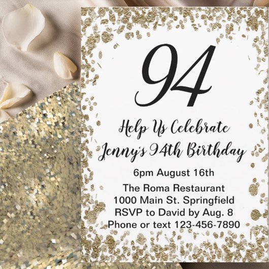 Elegant 94th Birthday Invitation For Her in Gold 招待状