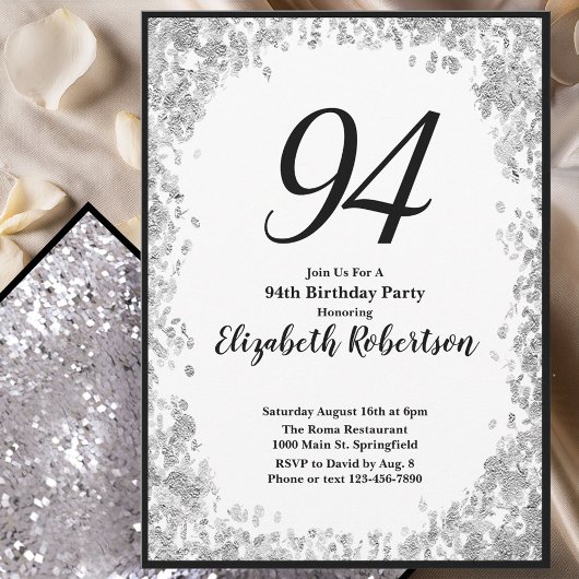 Elegant 94th Birthday Invitation For Her in Silver 招待状