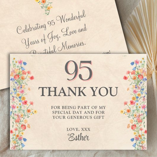 Elegant 95th Birthday Thanks - Floral Wildflower サンキューカード