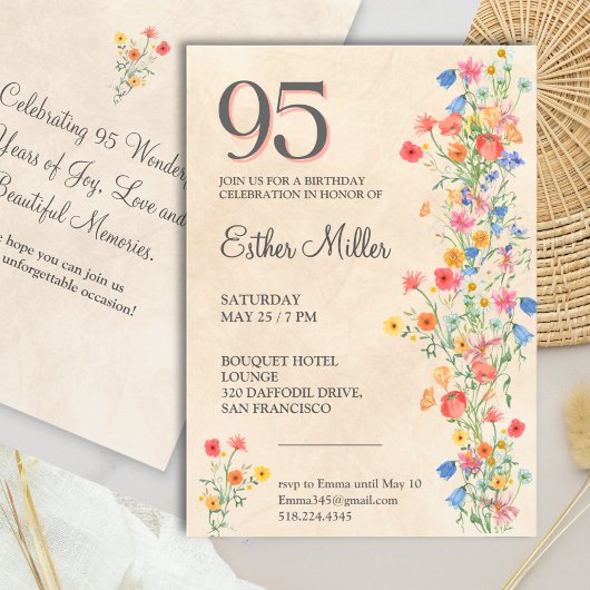Elegant 95th Birthday - Wildflower Design 95 Years 招待状