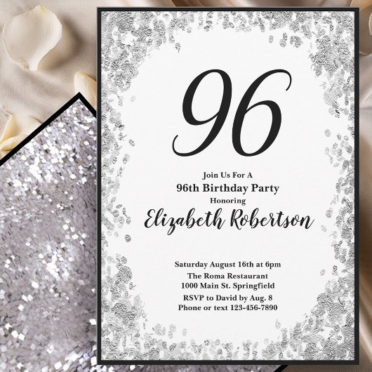 Elegant 96th Birthday Invitation Silver and Black 招待状