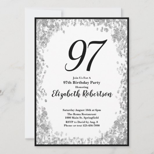 Elegant 97th Birthday Invitation Silver and Black 招待状 (正面)