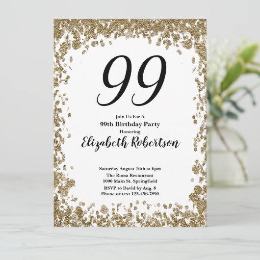 Elegant 99th Birthday Invitation For Her in Gold 招待状 (スタンド正面)