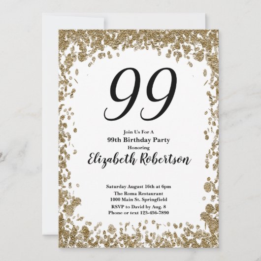 Elegant 99th Birthday Invitation For Her in Gold 招待状 (正面)