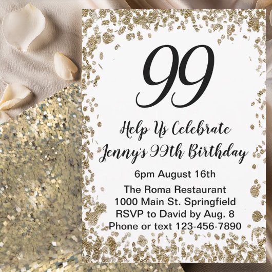 Elegant 99th Birthday Invitation For Her in Gold 招待状