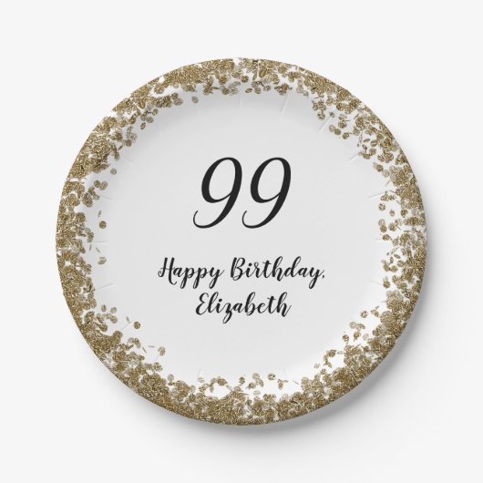 Elegant 99th Birthday Plates With Gold Sequins ペーパープレート (正面)