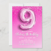 Elegant 9th Birthday Girl with Pink Number Balloon 招待状 (正面)