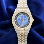 Elegant 9th Lapis Lazuli Wedding Anniversary 腕時計<br><div class="desc">Celebrate the 9th wedding anniversary with this commemorative watch! Elegant white serif lettering with pyrite-dusted hexagonal confetti on a speckled, azure blue background add a memorable touch for this special occasion and milestone. Customize with the couple's names or initials, and add a date for their lapis lazuli anniversary. Design ©...</div>