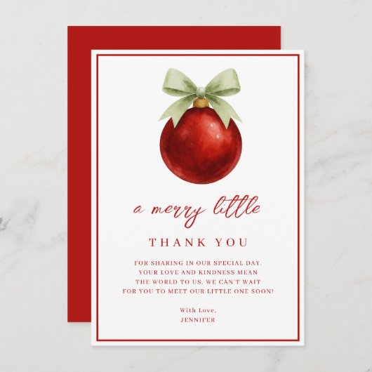 Elegant A Merry Little Christmas Baby Shower サンキューカード (正面/裏面)