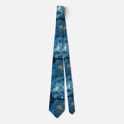 Elegant Abstract Blue & Gold Floral ネクタイ (正面)