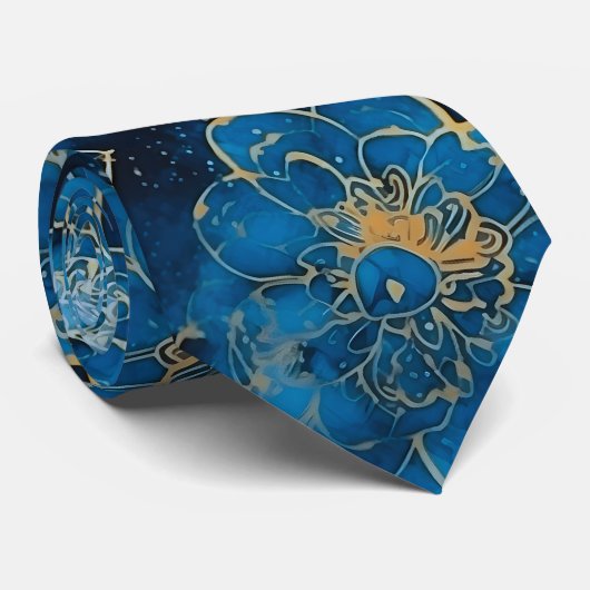 Elegant Abstract Blue & Gold Floral ネクタイ (ロール)