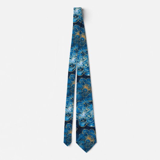 Elegant Abstract Blue & Gold Floral ネクタイ (裏面)