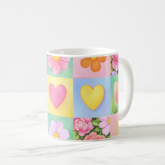 Elegant Abstract Floral Checkerboard Pattern コーヒーマグカップ (正面右)