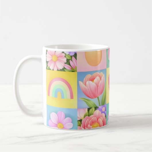 Elegant Abstract Floral Checkerboard Pattern コーヒーマグカップ (左)