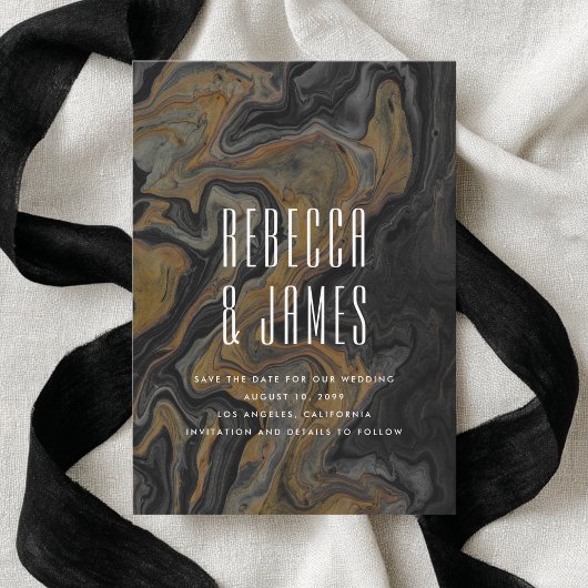 Elegant Abstract Gold Black Marble Wedding セーブザデート