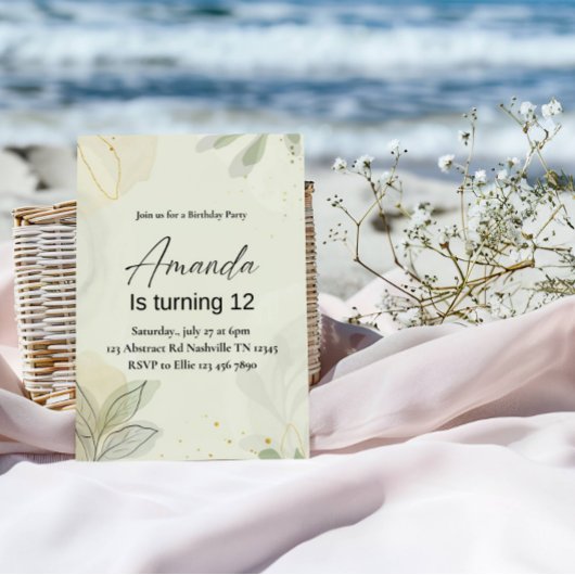 Elegant Abstract Leaves Girl Birthday Party 招待状