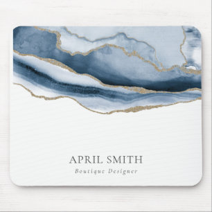 Elegant Abstract Navy Blue Agate Gold Watercolor マウスパッド