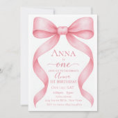 Elegant Adjustable Pink Bow First Birthday Invitat 招待状 (正面)