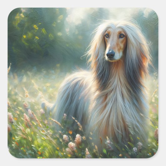 Elegant Afghan Hound – Floral Meadow Painting スクエアシール (正面)