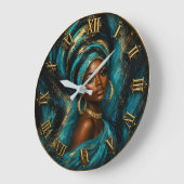 Elegant African Queen Turquoise Headwrap Portrait ラージ壁時計 (傾斜)