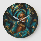 Elegant African Queen Turquoise Headwrap Portrait ラージ壁時計 (正面)
