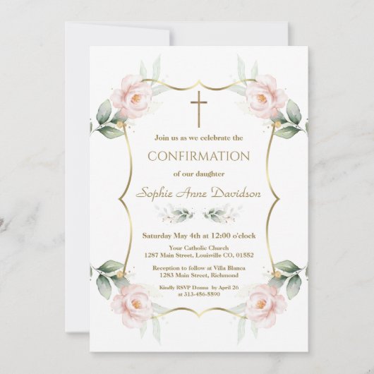 Elegant Airy Greenery Pink Floral Confirmation  招待状 (正面)