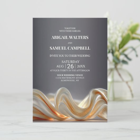 Elegant All in One Gold Silk Wedding 招待状 (スタンド正面)