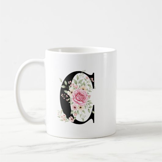Elegant Alphabet Coffee Cup with Pink Rose Design コーヒーマグカップ (左)