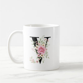 Elegant Alphabet Coffee Cup with Pink Rose Design コーヒーマグカップ