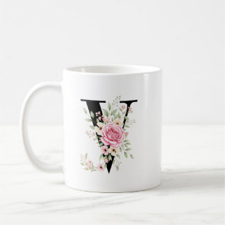 Elegant Alphabet Coffee Cup with Pink Rose Design コーヒーマグカップ