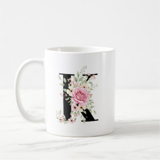 Elegant Alphabet Coffee Cup with Pink Rose Design コーヒーマグカップ