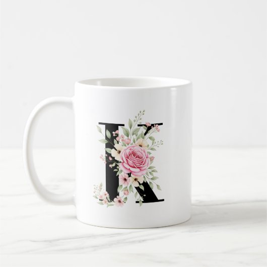 Elegant Alphabet Coffee Cup with Pink Rose Design コーヒーマグカップ (左)