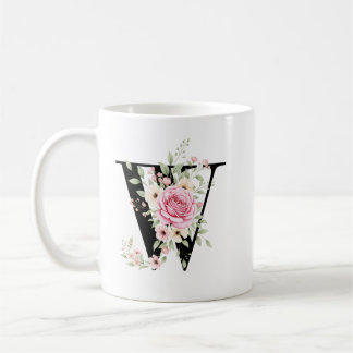 Elegant Alphabet Coffee Cup with Pink Rose Design コーヒーマグカップ