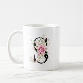 Elegant Alphabet Coffee Cup with Pink Rose Design コーヒーマグカップ