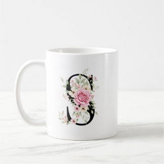 Elegant Alphabet Coffee Cup with Pink Rose Design コーヒーマグカップ