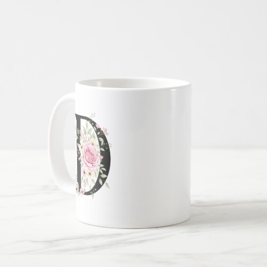 Elegant Alphabet Coffee Cup with Pink Rose Design コーヒーマグカップ (正面左)