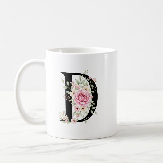 Elegant Alphabet Coffee Cup with Pink Rose Design コーヒーマグカップ (左)