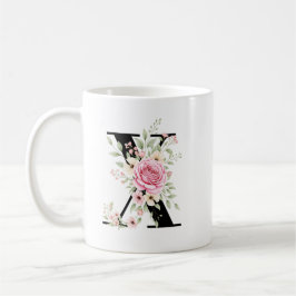 Elegant Alphabet Coffee Cup with Pink Rose Design コーヒーマグカップ