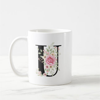 Elegant Alphabet Coffee Cup with Pink Rose Design コーヒーマグカップ