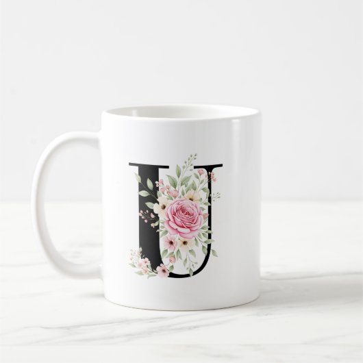 Elegant Alphabet Coffee Cup with Pink Rose Design コーヒーマグカップ (左)
