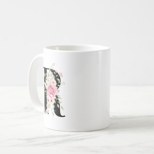 Elegant Alphabet Coffee Cup with Pink Rose Design コーヒーマグカップ (正面左)