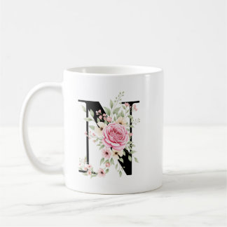 Elegant Alphabet Coffee Cup with Pink Rose Design コーヒーマグカップ
